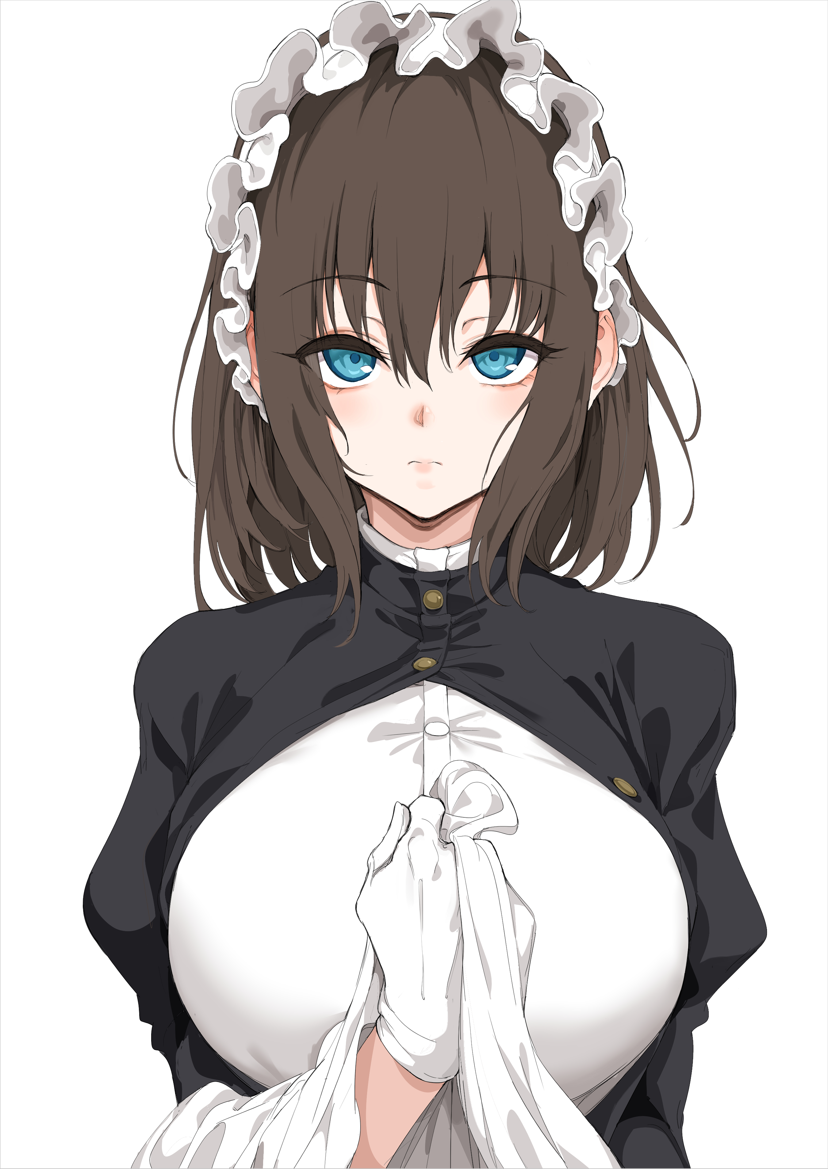 kyokucho, rurikawa tsubaki, original, absurdres, highres, official art, 1girl, apron, apron lift, black dress, blue eyes, blush, breasts, brown hair, closed mouth, clothes lift, dot nose, dress, female focus, gloves, holding apron, large breasts, long sleeves, looking at viewer, maid, maid apron, maid headdress, medium hair, shirt, simple background, solo, solo focus, white apron, white background, white gloves, white headdress, white shirt