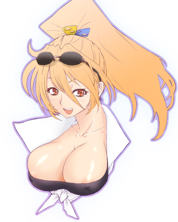 michael f91, 1girl, :d, areola slip, blonde hair, blush, breasts, cleavage, collar, covered erect nipples, eyewear on head, female focus, high ponytail, huge breasts, large breasts, open mouth, ponytail, red eyes, smile, solo, sunglasses