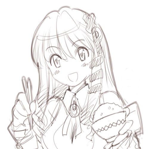 michael f91, xp-tan, os-tan, lowres, 1girl, blush, bowl, chopsticks, female focus, greyscale, long hair, looking at viewer, monochrome, open mouth, rice, rice bowl, sketch, solo, white background