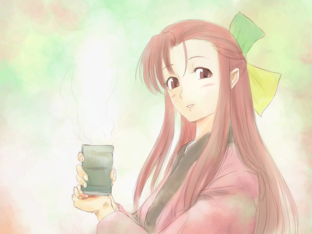 michael f91, 95-tan, os-tan, 1girl, asymmetrical bangs, bow, brown eyes, brown hair, cup, female focus, glass, hair bow, half updo, holding, liquid, long hair, looking at viewer, sidelocks, solo, tea, transparent, upper body, yunomi