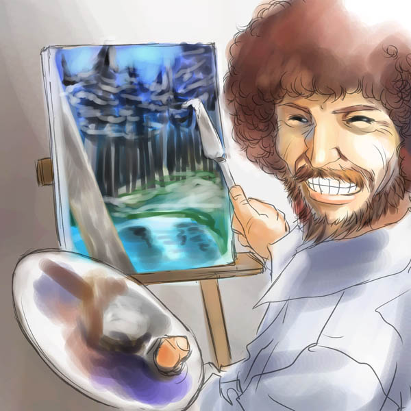 michael f91, bob ross, real life, the joy of painting, 1boy, afro, art brush, beard, brown hair, collared shirt, easel, facial hair, gradient background, grin, happy, male focus, mustache, paint palette, paintbrush, painting (object), shirt, simple background, smile, solo