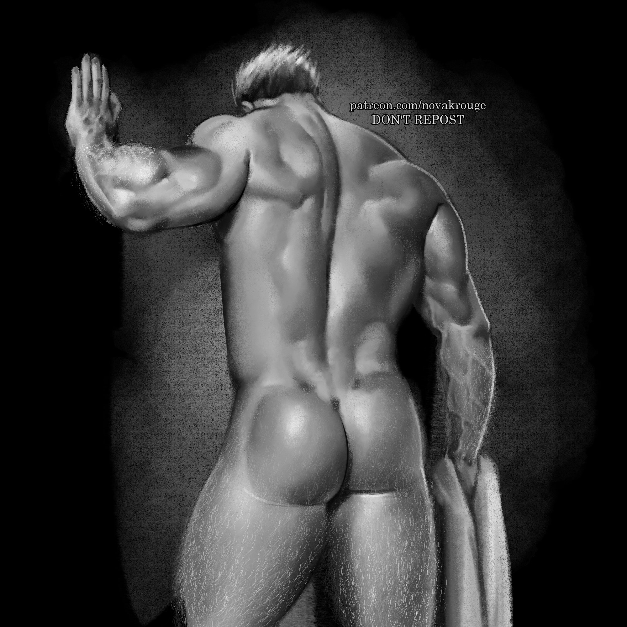 novakrouge, bokuto koutarou, haikyuu!!, commentary, english commentary, highres, 1boy, ass, back, completely nude, cowboy shot, greyscale, holding, holding towel, leg hair, looking down, male focus, monochrome, multicolored hair, muscular, muscular male, nude, patreon username, short hair, solo, standing, thighs, towel, two-tone hair, veins, veiny arms