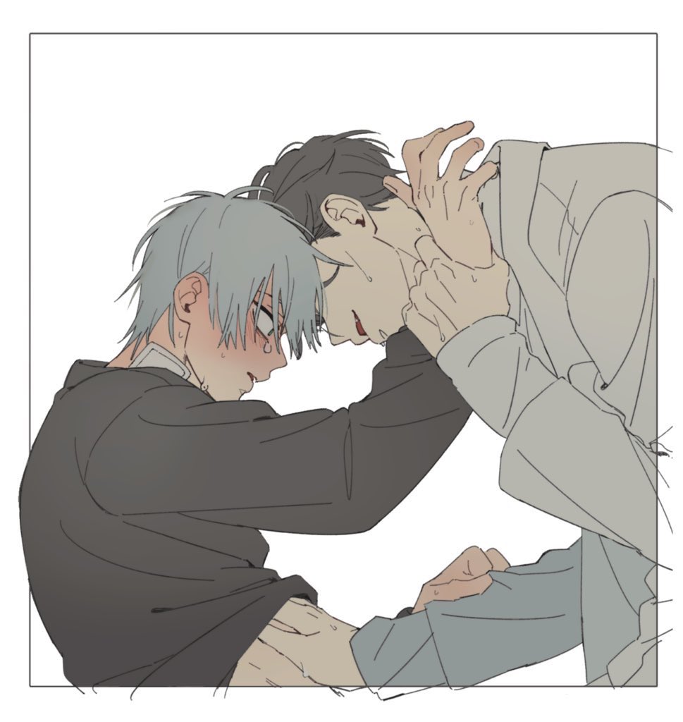 ivan (alien stage), till (alien stage), alien stage, commentary, hashtag-only commentary, 2boys, black hair, black shirt, coat, gauze on neck, grey hair, hand on another's stomach, holding another's wrist, ivtl 3200, male focus, multiple boys, open mouth, shirt, short hair, white coat, white shirt, yaoi