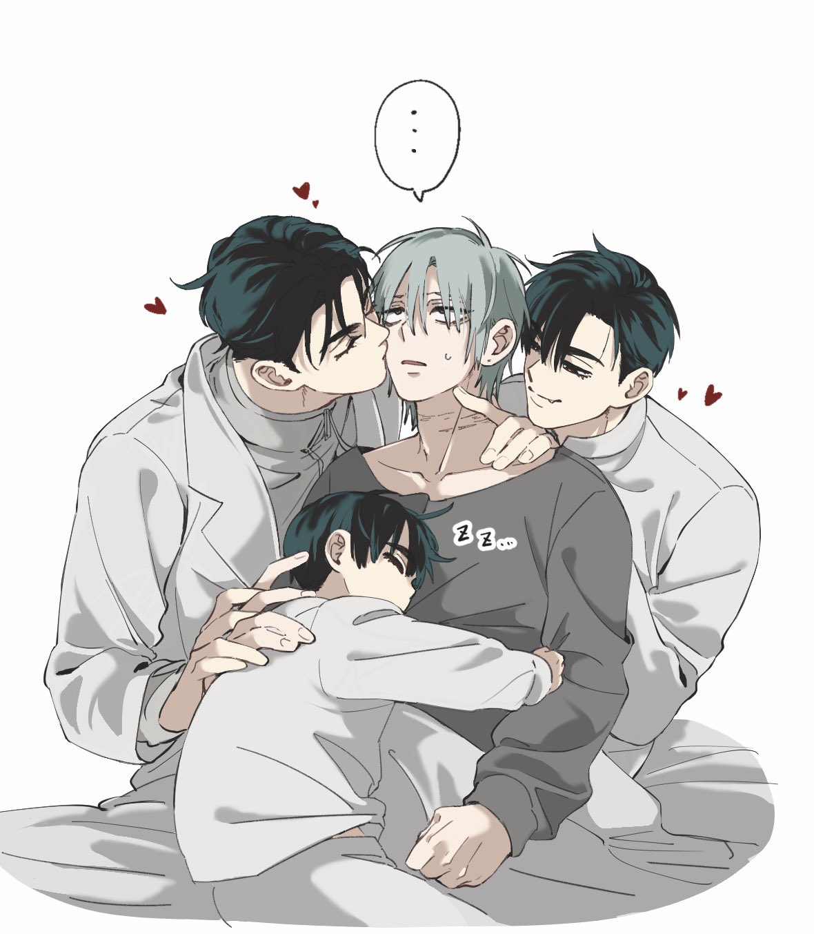 ivan (alien stage), till (alien stage), alien stage, commentary, hashtag-only commentary, highres, …, 4boys, aged down, black eyes, black hair, black shirt, closed eyes, coat, fang, grey hair, hug, ivtl 3200, kiss, kissing cheek, long sleeves, looking up, multiple boys, multiple persona, red pupils, shirt, short hair, sitting, spoken ellipsis, turtleneck, turtleneck shirt, white coat, white shirt