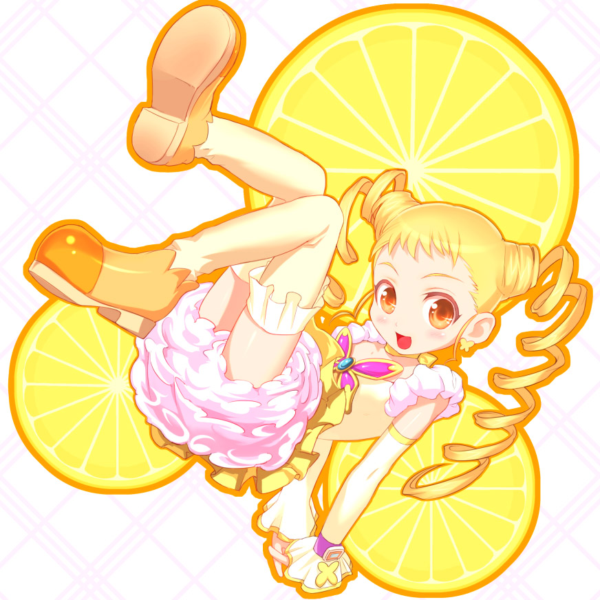 uni (plastic girl), cure lemonade, kasugano urara (yes! precure 5), precure, yes! precure 5, 00s, 1girl, blonde hair, brooch, bug, butterfly, cone hair bun, double bun, dress, drill hair, earrings, female focus, food, fruit, hair bun, holding, holding food, holding fruit, insect, jewelry, lemon, long hair, magical girl, shoes, smile, solo, thighhighs, twin drills, twintails, yellow background, yellow eyes, yellow theme, yellow thighhighs