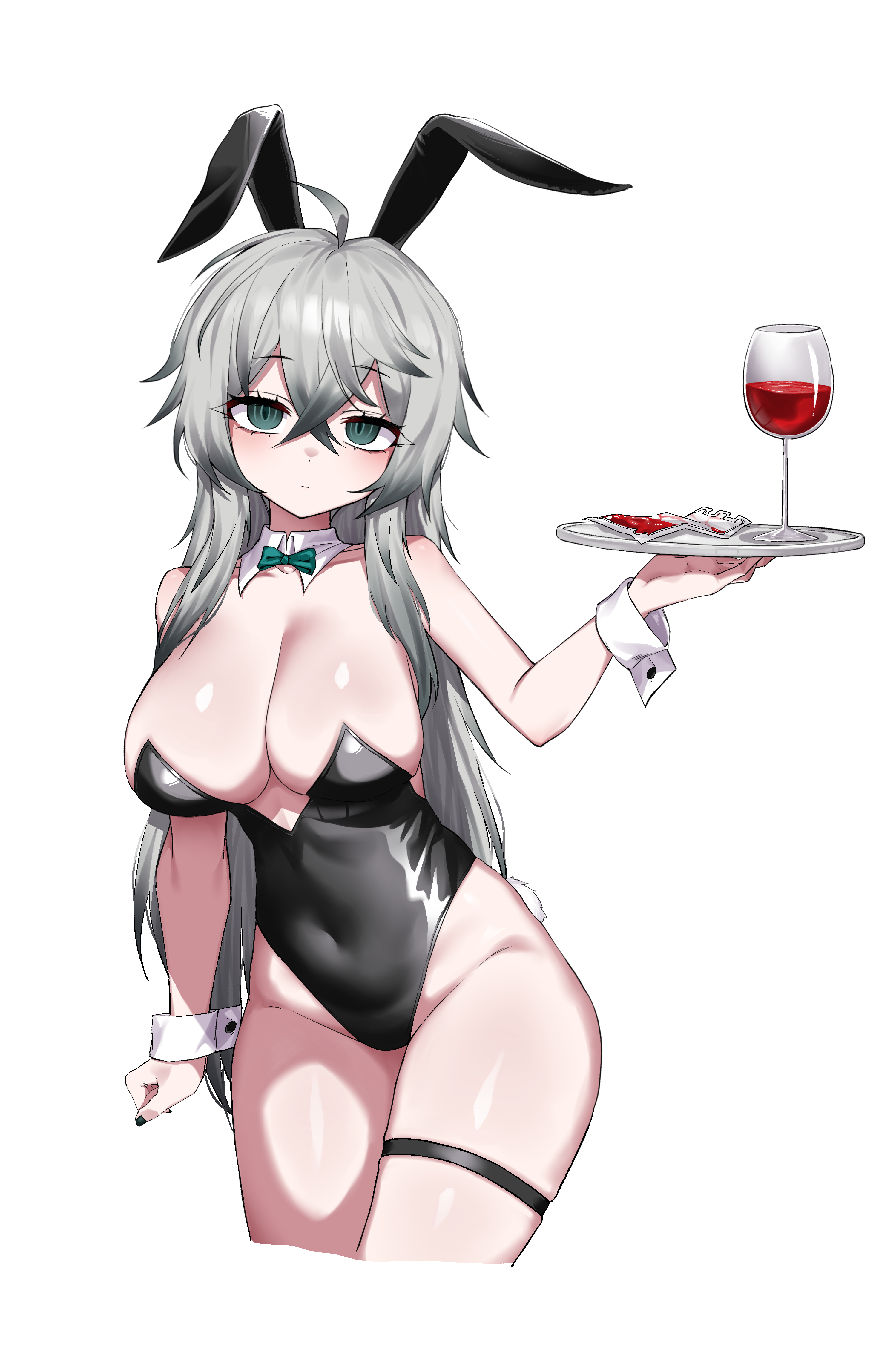 hahyaha, katja (black survival), black survival, eternal return: black survival, absurdres, highres, 1girl, ahoge, animal ear hairband, animal ears, black leotard, blood, blood bag, bow, bowtie, breasts, cleavage, closed mouth, collar, covered navel, cropped legs, crossed bangs, cup, detached collar, drinking glass, fake animal ears, fake tail, fingernails, green bow, green bowtie, green eyes, green nails, grey hair, hair between eyes, hairband, highleg, highleg leotard, holding, holding tray, large breasts, leotard, long hair, looking at viewer, nail polish, playboy bunny, rabbit ear hairband, rabbit ears, rabbit tail, simple background, solo, strapless, strapless leotard, tail, thigh strap, tray, very long hair, white background, white collar, white wrist cuffs, wine glass, wrist cuffs