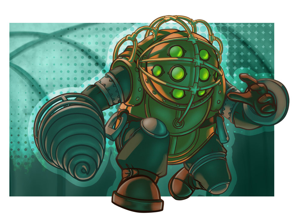 malky (malkshake), big daddy (bioshock), bioshock (series), commentary, commission, english commentary, 1boy, blue background, border, brown gloves, diving suit, drill, full body, gloves, knee pads, male focus, solo, walking, white border