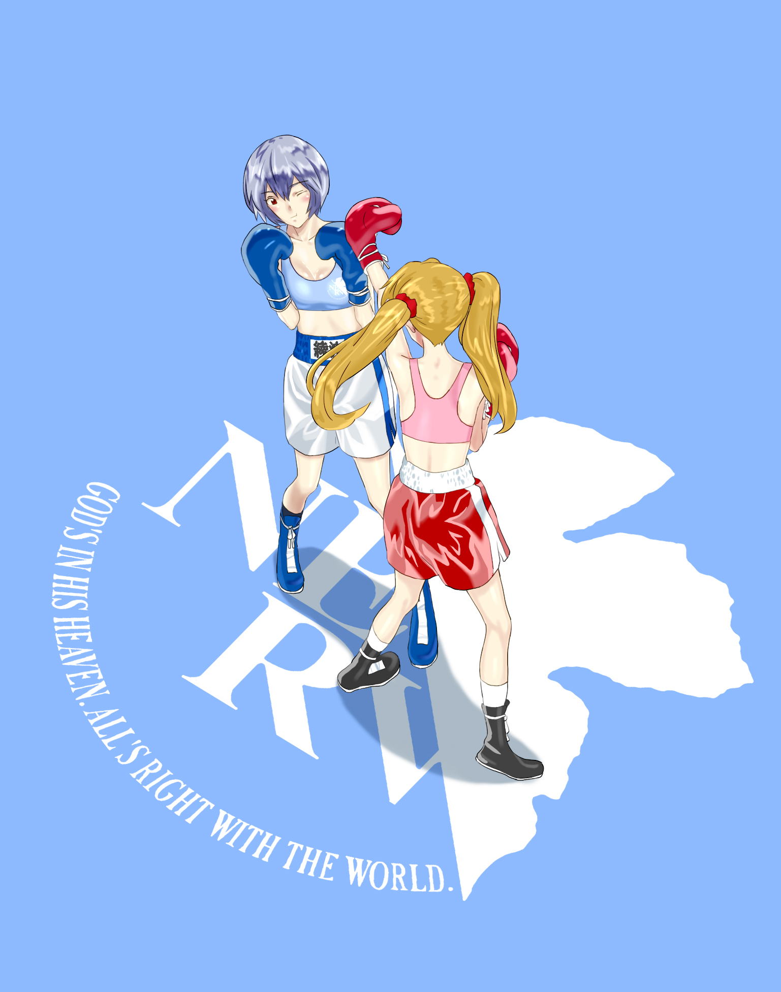 seriomaster, ayanami rei, souryuu asuka langley, neon genesis evangelion, highres, 2girls, alternate hairstyle, back, back focus, black shoes, blonde hair, blue background, blue gloves, blue hair, blue shoes, blue shorts, blue sports bra, bob cut, boxer, boxing, boxing gloves, boxing shorts, breasts, catfight, closed mouth, dodging, fighting, fighting stance, from behind, full body, gloves, hand up, head tilt, light blush, long hair, looking at another, multiple girls, nerv, pink sports bra, punching, red eyes, red gloves, red shorts, shadow, shoes, short hair, shorts, simple background, small breasts, sports bra, sportswear, twintails, two-tone background, white background
