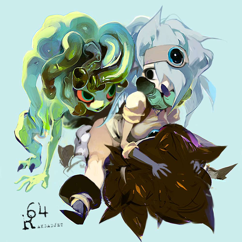 tokiya, original, 3girls, arm support, black eyes, blue hair, boots, bottomless, brown hair, cowgirl position, elbow gloves, girl on top, gloves, grabbing another's chin, hair over one eye, hand on another's chin, loli, long hair, looking at another, lying, monster girl, multiple girls, naughty face, penis, sitting, slime girl, straddling, tentacles, what, yuri