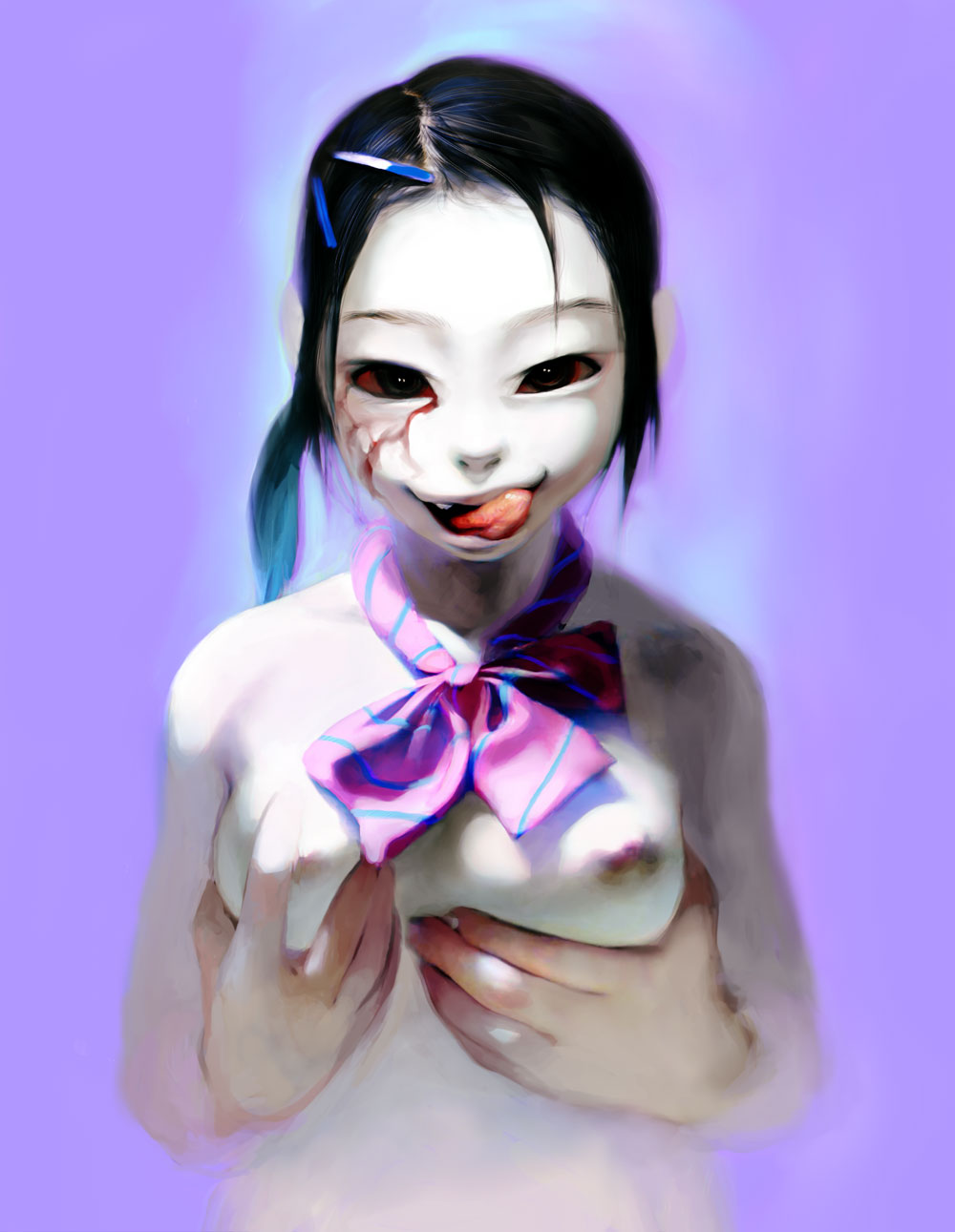 tokiya, saeki kayako, the grudge, diagonal-striped neckwear, striped neckwear, highres, 1girl, black hair, blood, blue background, bow, bowtie, breasts, breasts apart, colored skin, creepy, facing viewer, female focus, grabbing another's breast, grabbing own breast, gradient background, groping, hair ornament, hairclip, hairpin, horror (theme), licking lips, loli, looking at viewer, medium breasts, monster girl, nipples, pale skin, realistic, simple background, small breasts, smile, solo, striped bow, striped bowtie, striped clothes, tongue, tongue out, topless frame, white skin