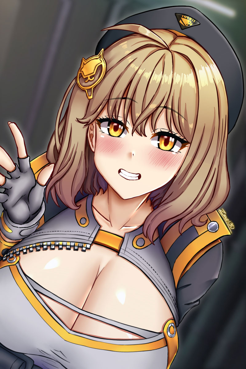 zero130rider, anis (nikke), goddess of victory: nikke, highres, 1girl, ahoge, beret, black jacket, blush, breasts, brown hair, cleavage, cleavage cutout, clothing cutout, hair ornament, hat, jacket, large breasts, long sleeves, short hair, solo, upper body, yellow eyes