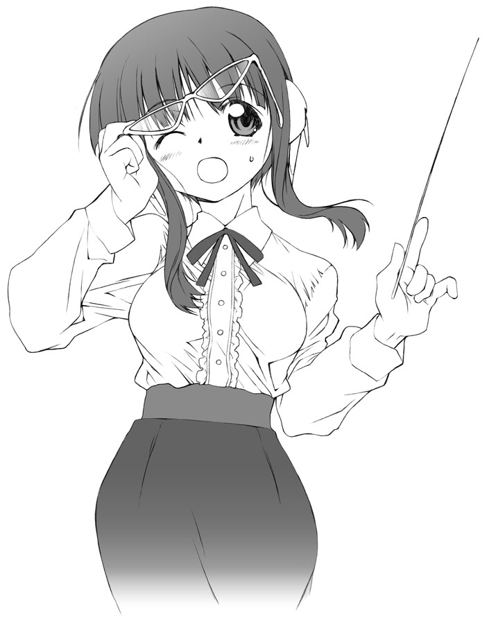 yamaguchi homupe, ilfa (to heart), to heart (series), to heart 2, 00s, 1girl, adjusting eyewear, bow, bowtie, female focus, frills, glasses, greyscale, long sleeves, monochrome, pencil skirt, robot ears, short hair with long locks, skirt, solo, teacher
