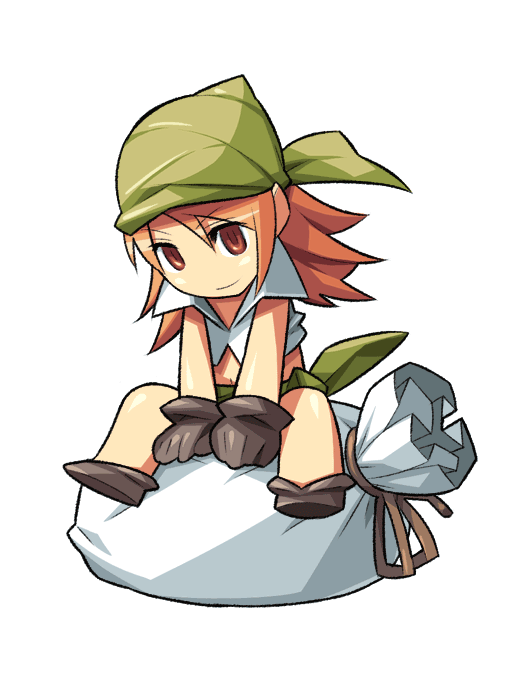 itsumo nokoru, refia, thief (final fantasy), final fantasy, final fantasy iii, square enix, archived source, 1girl, anime coloring, bandana, bare arms, bare legs, between legs, black gloves, black shoes, blush stickers, closed mouth, cosplay, cropped shirt, deformed, full body, gloves, green bandana, green skirt, hair between eyes, hand between legs, high collar, legs apart, long hair, orange eyes, orange hair, popped collar, sack, shirt, shoes, sidelocks, simple background, skirt, sleeveless, sleeveless shirt, smile, straight hair, thief (final fantasy) (cosplay), tied skirt, white background, white shirt