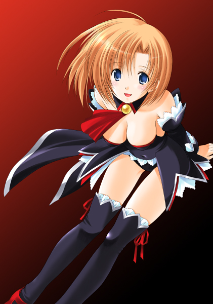 azuma yuki, ryuuguu rena, higurashi no naku koro ni, 00s, 1girl, angel mort, bare shoulders, black thighhighs, blue eyes, blush, bow, breasts, cleavage, detached collar, female focus, looking at viewer, open mouth, orange hair, short hair, smile, solo, thighhighs