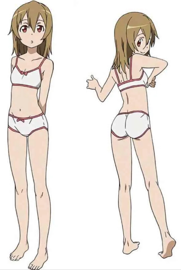 ayano keiko, silica, sword art online, highres, official art, 1girl, arms behind back, ass, ass focus, bare legs, bare shoulders, barefoot, bra, breasts, brown hair, cleavage, collarbone, dot nose, edging bra, edging panties, edging underwear, feet, female focus, flat chest, from behind, legs, looking at viewer, medium breasts, midriff, navel, open mouth, panties, red eyes, reference sheet, ribbed panties, simple background, sleeveless, solo, solo focus, stomach, thighs, toes, training bra, underwear, white background, white bra, white panties