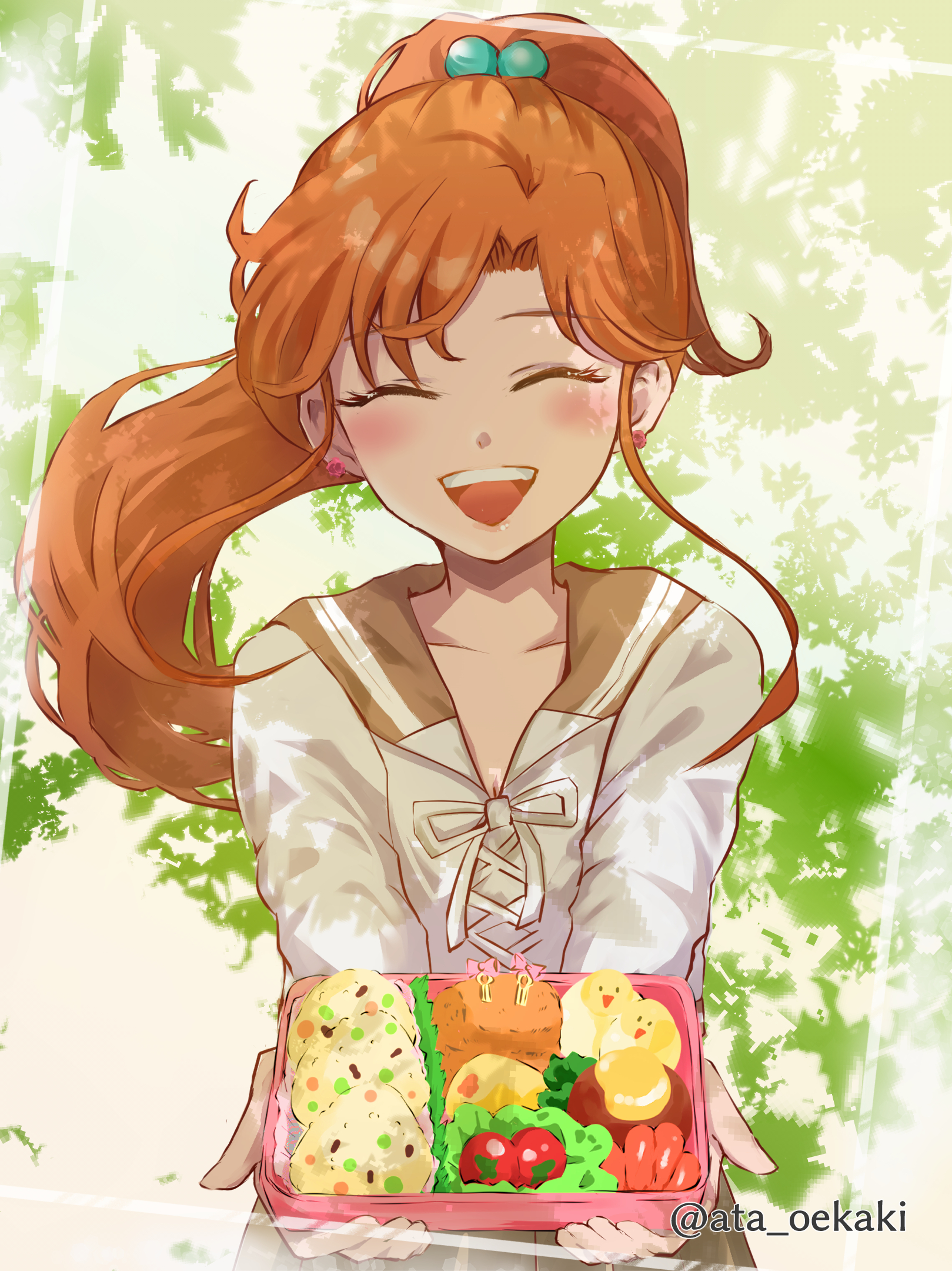 ata129, kino makoto, bishoujo senshi sailor moon, highres, 1girl, bento, blush, breasts, brown hair, cleavage, closed eyes, earrings, flower earrings, hair bobbles, hair ornament, jewelry, kino makoto's school uniform, long hair, open mouth, parted bangs, ponytail, school uniform, smile