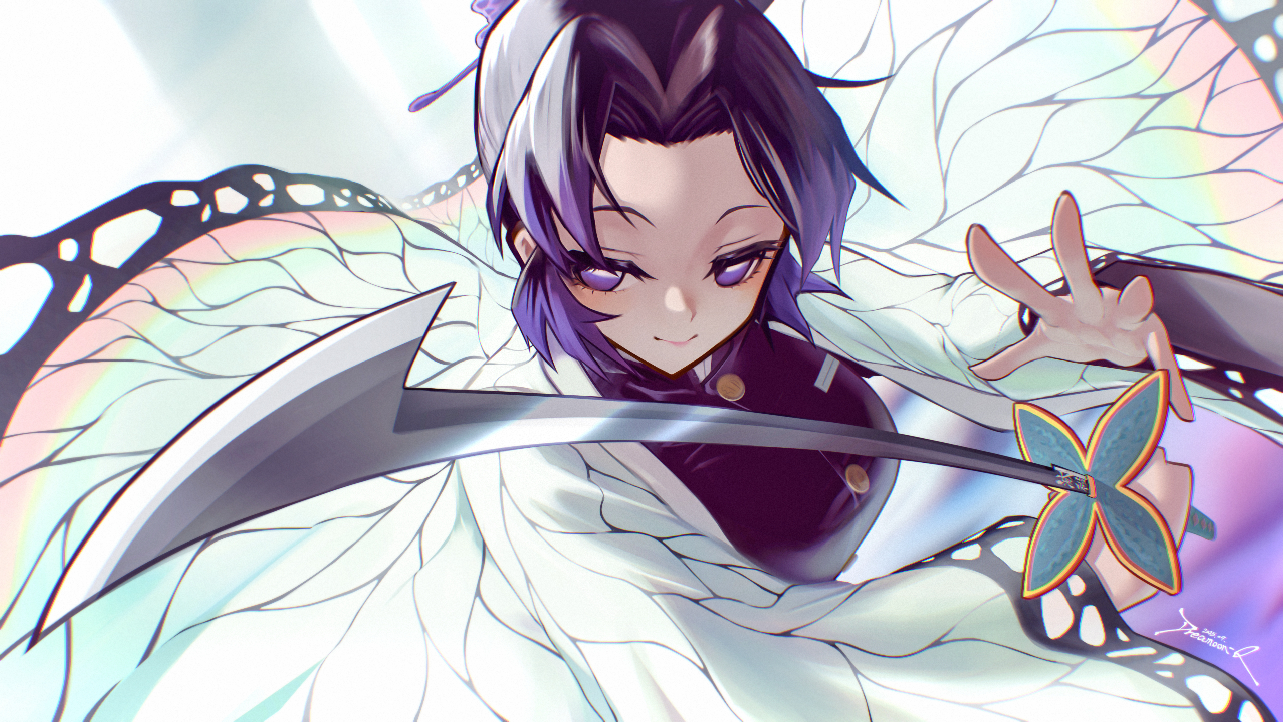 dreamoon-q, kochou shinobu, kimetsu no yaiba, commentary, highres, 1girl, artist name, black hair, closed mouth, dated, demon slayer uniform, haori, holding, holding sword, holding weapon, japanese clothes, multicolored hair, purple eyes, purple hair, smile, solo, sword, two-tone hair, weapon