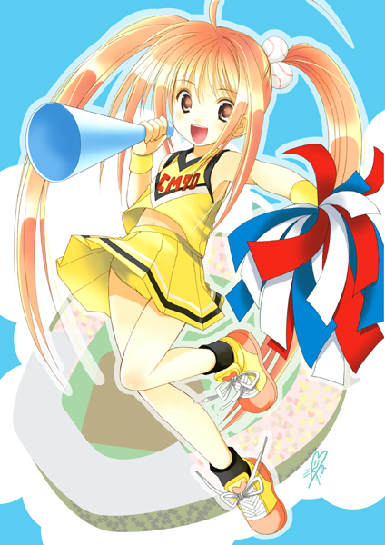 azuma yuki, original, 1girl, buruma, cheerleader, female focus, megaphone, panties, pom pom (cheerleading), solo, twintails, underwear, yellow panties