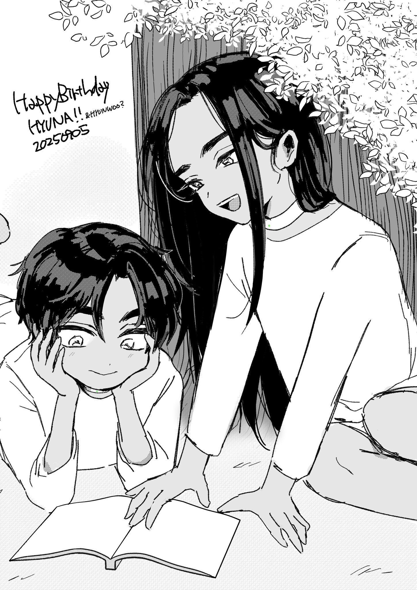 hyuna (alien stage), alien stage, commentary request, highres, 1boy, 1girl, birthday, book, brother and sister, choker, dated, english text, gakiandtachi, happy birthday, hyunwoo (alien stage), long hair, lying, on stomach, short hair, siblings, sitting