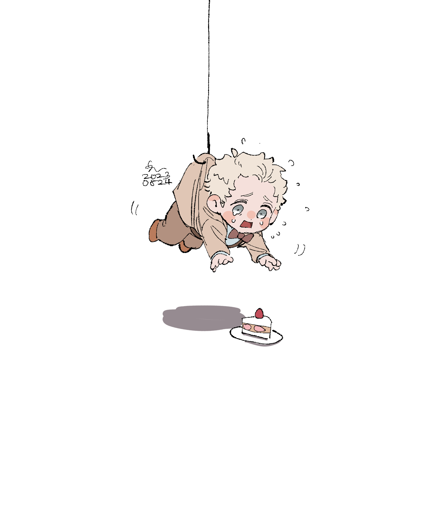 erm nkcn, aziraphale (good omens), good omens, highres, 1boy, bow, bowtie, brown jacket, brown pants, brown shoes, cake, cake slice, chibi, chibi only, flying sweatdrops, food, full body, hanging, jacket, male focus, open mouth, pants, plate, scared, shadow, shoes, simple background, solo, white background