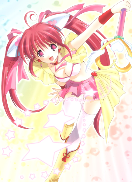 azuma yuki, original, 1girl, :d, ahoge, boots, breasts, female focus, full body, hair ribbon, heart, leaning, magical girl, open mouth, pink ribbon, pleated skirt, red hair, ribbon, skirt, smile, solo, star (symbol), twintails, wand, wristband