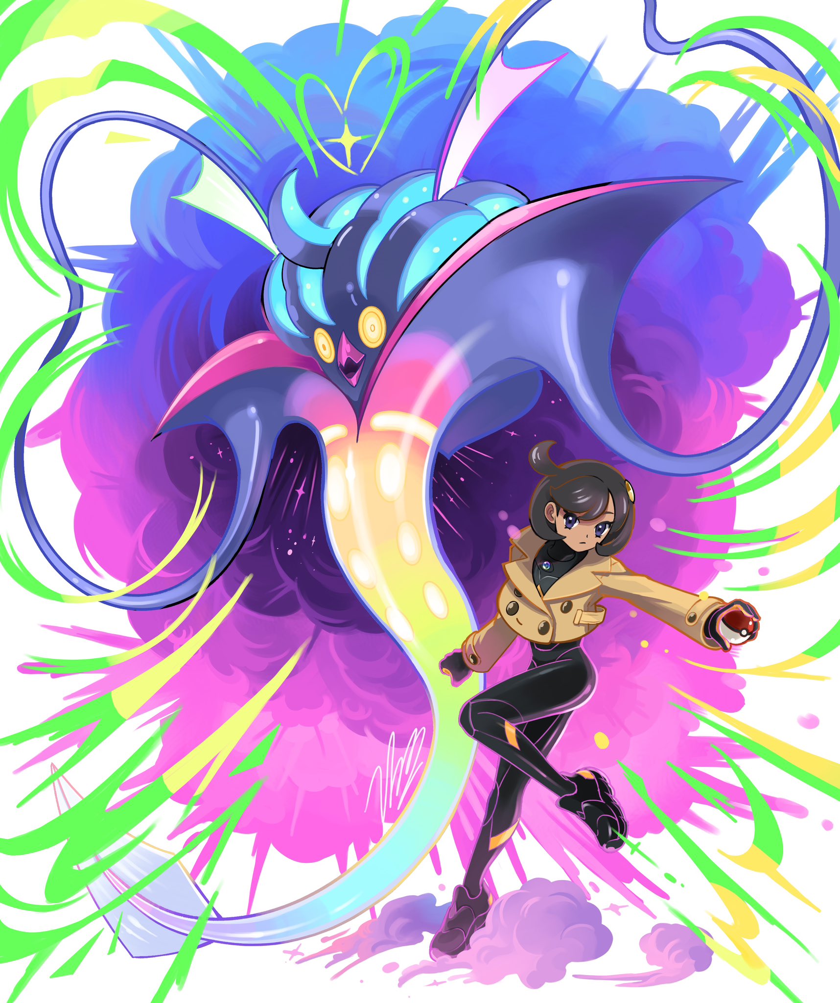 blawn z, emma (pokemon), malamar, mega malamar, nintendo, pokemon, pokemon legends: z-a, highres, 1girl, beak, black bodysuit, black hair, blue eyes, bodysuit, bodysuit under clothes, breasts, brown jacket, closed mouth, dark-skinned female, dark skin, full body, gen 6 pokemon, gloves, heart, holding, holding poke ball, jacket, mega pokemon, mega stone, open mouth, poke ball, poke ball (basic), pokemon (creature), purple eyes, short hair, squid, tentacles, yellow eyes