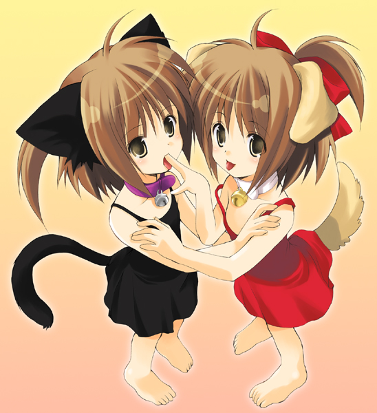 azuma yuki, original, 2girls, animal ears, barefoot, bell, bow, cat ears, cat tail, collar, dog ears, dog tail, hair bow, licking, licking finger, multiple girls, neck bell, tail