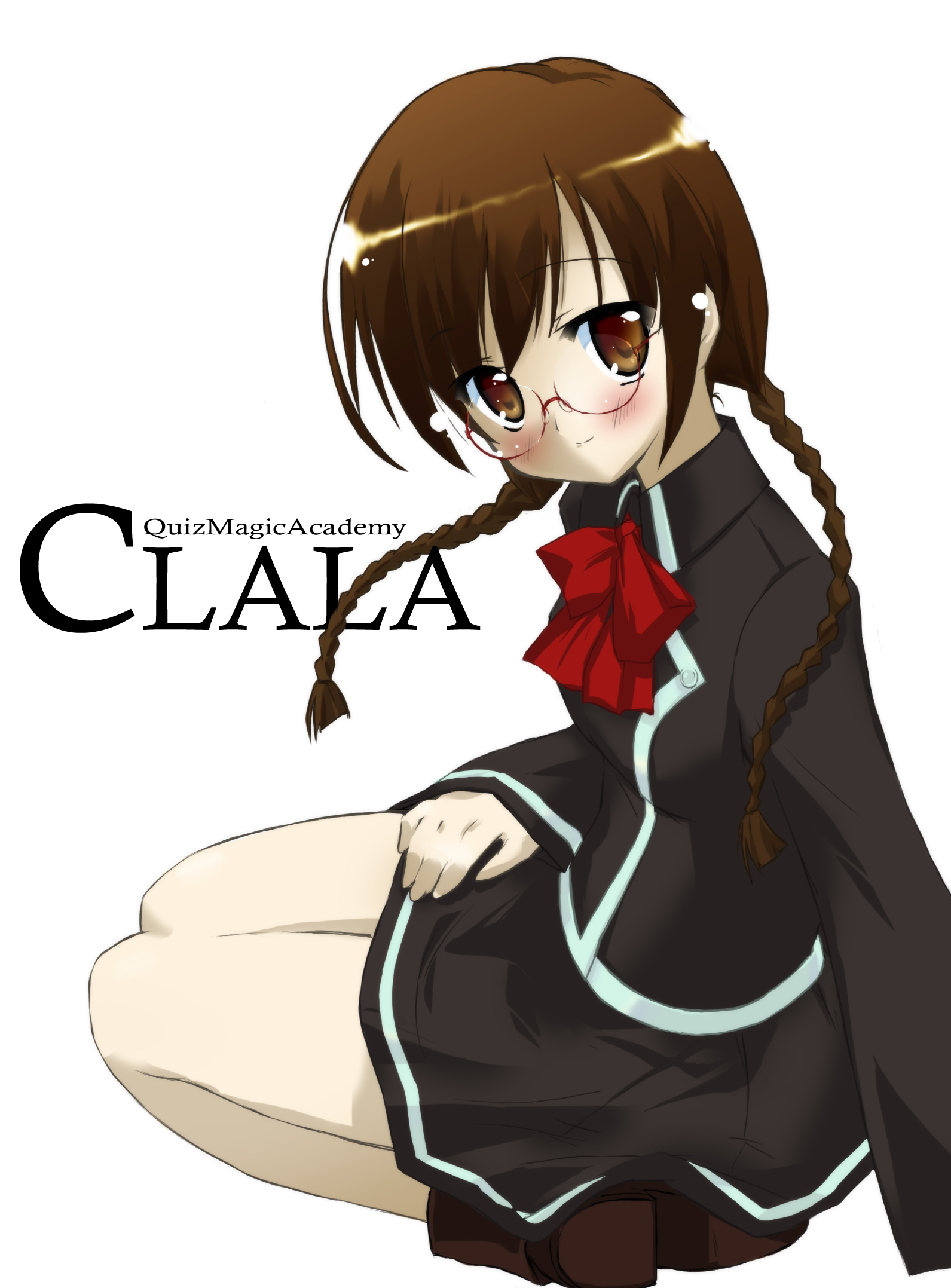 minase shuu, clala, quiz magic academy, highres, 1girl, blush, bow, bowtie, braid, brown shoes, character name, copyright name, female focus, glasses, hand on lap, long hair, long sleeves, looking at viewer, red-framed eyewear, red bow, red bowtie, school uniform, seiza, shoes, sitting, solo, twin braids, white background