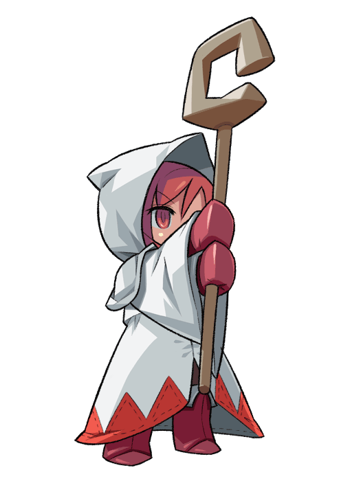 itsumo nokoru, refia, white mage (final fantasy), final fantasy, final fantasy iii, square enix, archived source, 1girl, anime coloring, boots, capelet, chibi, cosplay, fantasy, full body, hair between eyes, holding, holding staff, hood, hood up, hooded capelet, legs apart, long sleeves, mittens, red boots, red eyes, red hair, red mittens, robe, simple background, solo, staff, standing, white background, white capelet, white hood, white mage (final fantasy) (cosplay), white robe, wide sleeves
