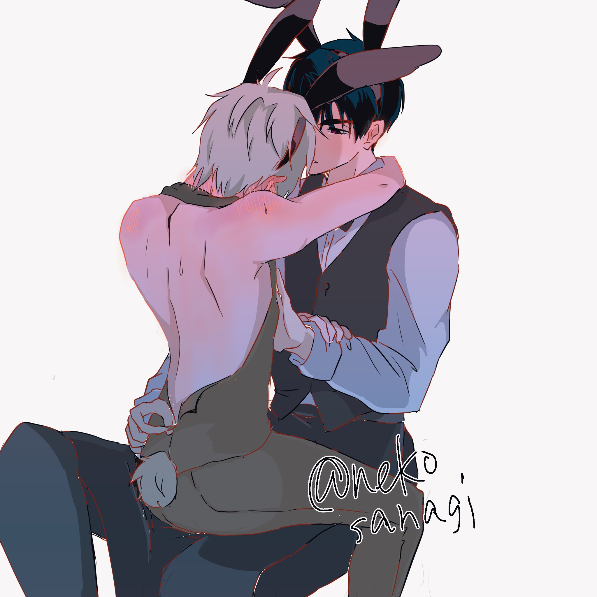 ivan (alien stage), till (alien stage), alien stage, commentary, highres, 2boys, animal ears, back, black hair, black vest, grey hair, long sleeves, male focus, multiple boys, nekosanagi, rabbit ears, rabbit tail, shirt, short hair, sitting, sitting on lap, sitting on person, tail, vest, white shirt, yaoi
