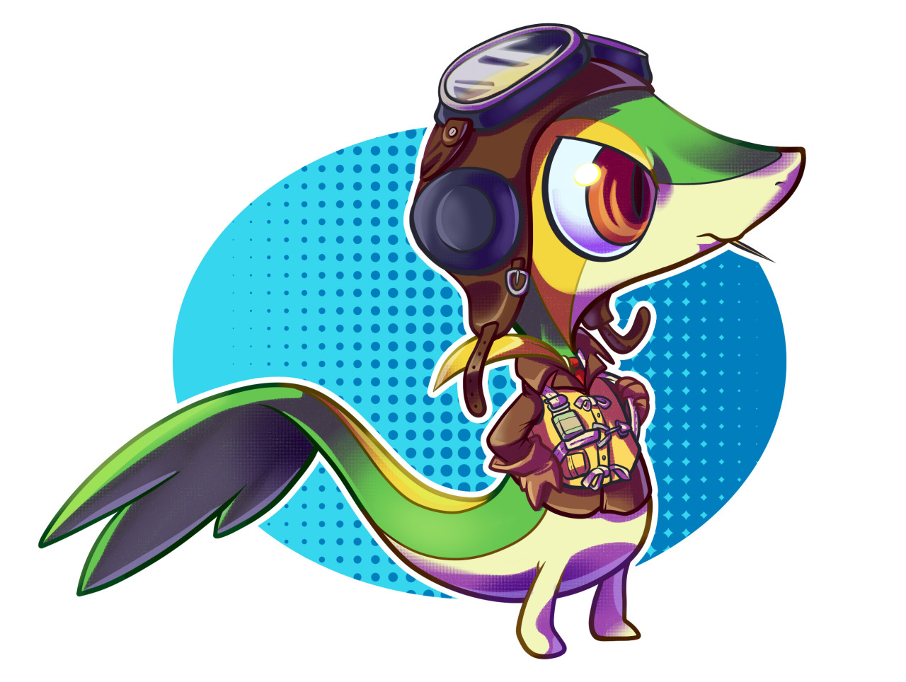 malky (malkshake), snivy, nintendo, pokemon, commentary, commission, english commentary, aviator cap, aviator goggles, brown gloves, clothed pokemon, full body, gen 5 pokemon, gloves, hands on own hips, mouth hold, no humans, orange eyes, pokemon (creature), solo, toothpick