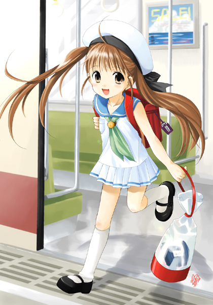 azuma yuki, original, ahoge, backpack, bag, bag charm, black socks, breast pocket, brown hair, charm (object), child, day, green neckerchief, hat, holding, holding bag, kneehighs, long hair, looking at viewer, miniskirt, neckerchief, open mouth, pocket, poster (object), randoseru, school uniform, serafuku, skirt, socks, solo, twintails, very long hair, white hat, white socks