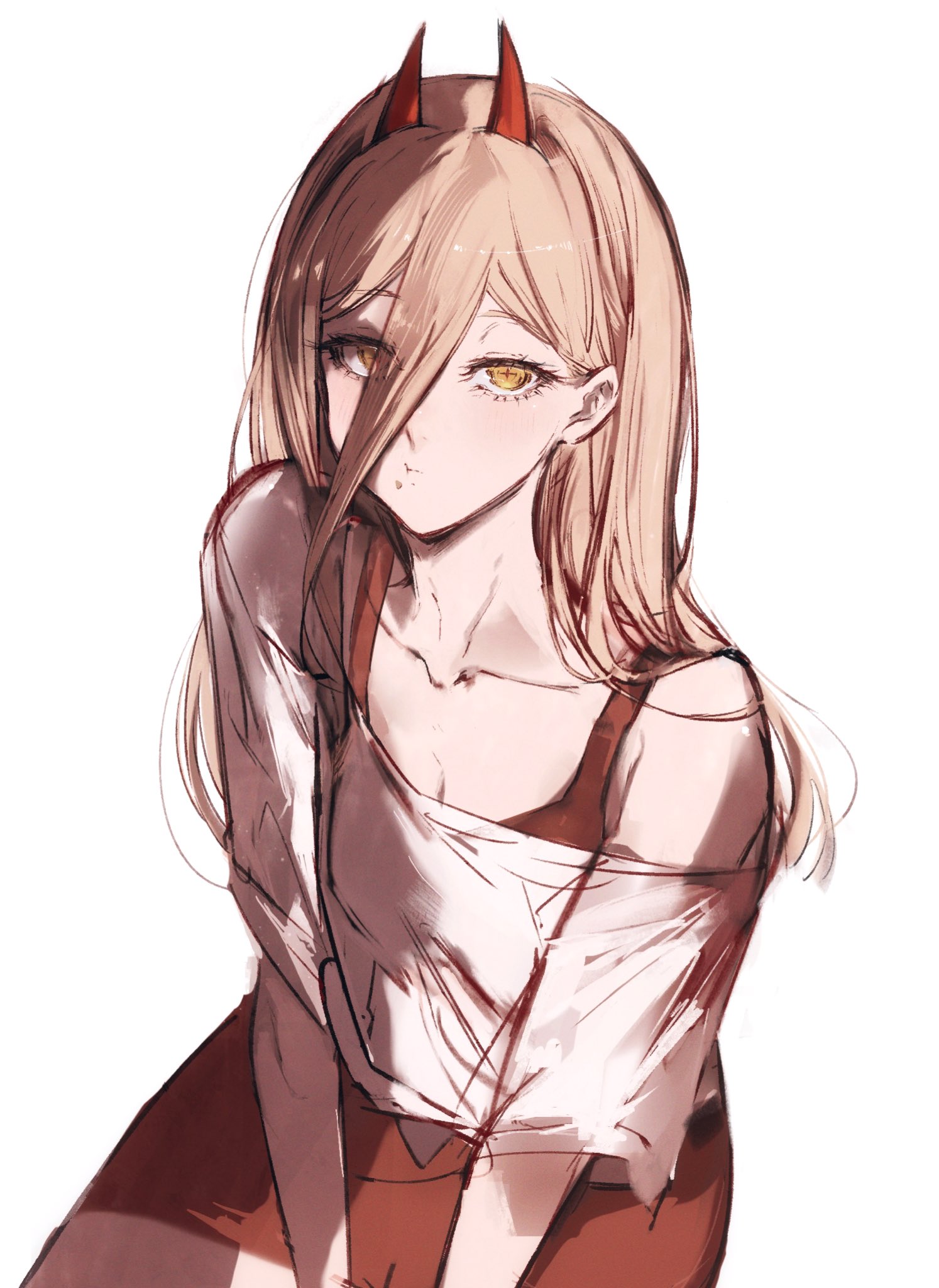 moku (muooku), power (chainsaw man), chainsaw man, highres, 1girl, blonde hair, closed mouth, cross-shaped pupils, demon girl, demon horns, food, food on face, hair between eyes, horns, long hair, long hair between eyes, looking at viewer, red horns, red shorts, shirt, shorts, simple background, solo, symbol-shaped pupils, white background, white shirt, yellow eyes
