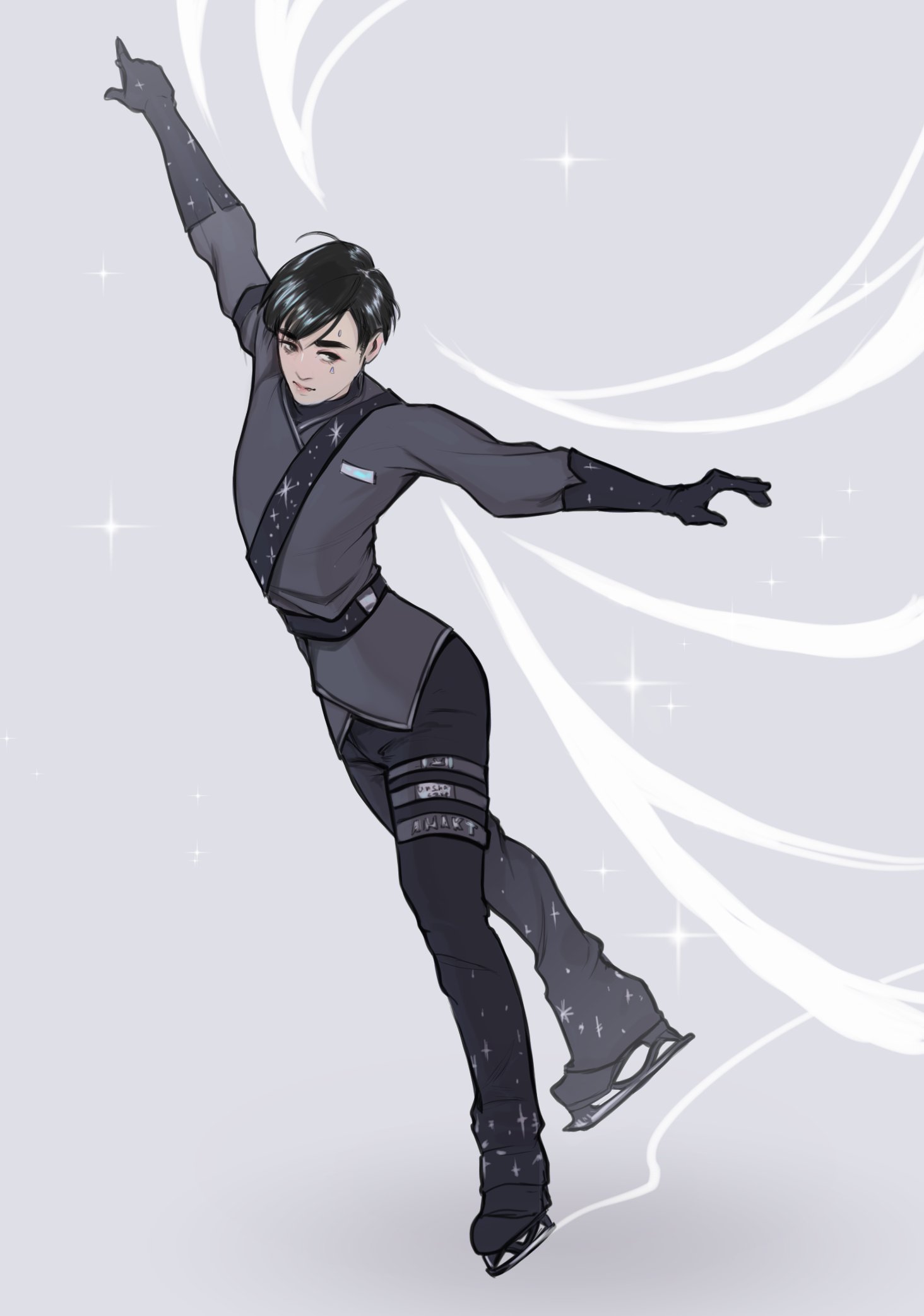 ivan (alien stage), alien stage, commentary, english commentary, highres, 1boy, alternate costume, black eyes, black gloves, black hair, black pants, bymerime, figure skating, full body, gloves, grey background, ice skates, outstretched arms, pants, short hair, skates, solo, spread arms, thigh strap, very short hair