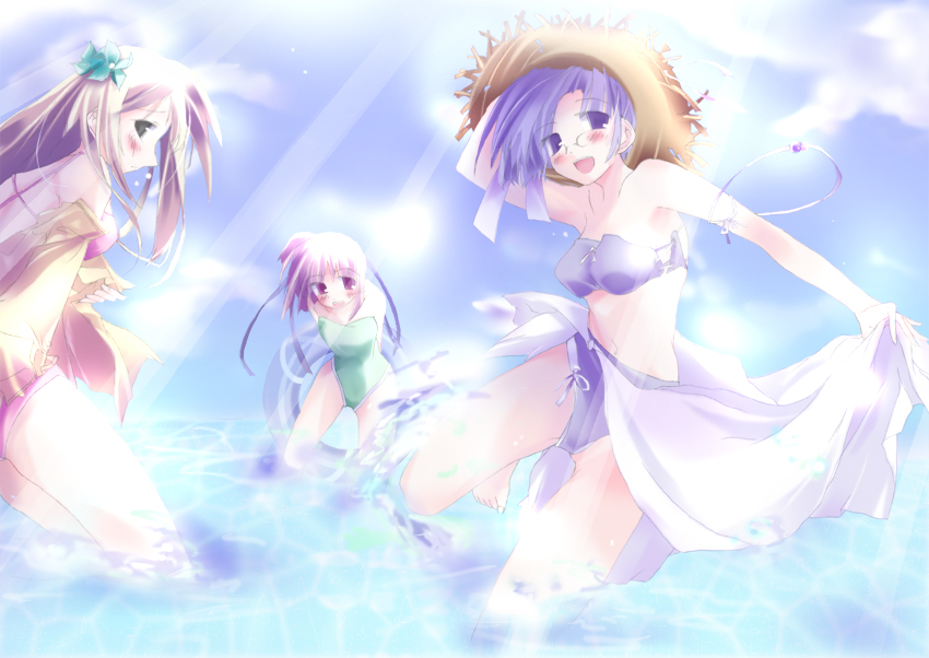3girls, bikini, blue eyes, blue hair, brown hair, glasses, green eyes, hat, innertube, multiple girls, one-piece swimsuit, sarong, straw hat, swim ring, swimsuit, water
