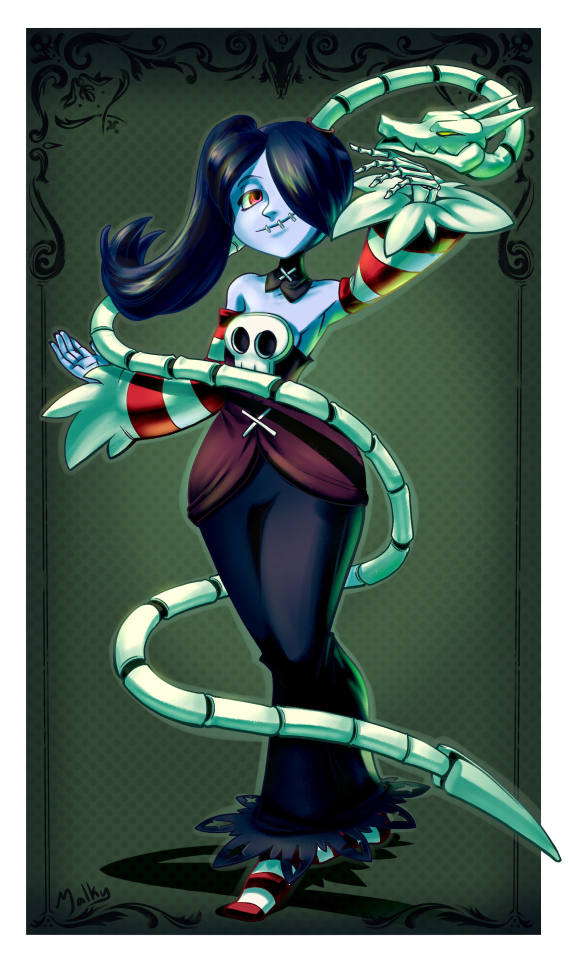 malky (malkshake), squigly (skullgirls), skullgirls, commentary, english commentary, highres, 1girl, arm up, black dress, black hair, border, colored skin, detached collar, detached sleeves, dress, full body, grey skin, hair over one eye, long hair, ponytail, red eyes, skeletal hand, skeleton snake, solo, stitched mouth, stitches, white border