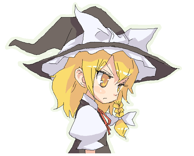 suuan (cyber dam), kirisame marisa, touhou, looking away, 1girl, blonde hair, braid, female focus, hat, neck ribbon, oekaki, ribbon, side braid, simple background, solo, upper body, witch, witch hat, yellow eyes