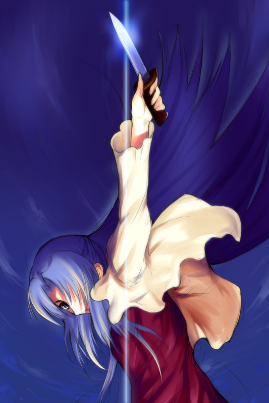 waku, asakura ryoko, kara no kyoukai, suzumiya haruhi no yuuutsu, 1girl, arms up, blue eyes, blue hair, dagger, female focus, from side, glint, holding, holding weapon, knife, long hair, looking at viewer, looking to the side, matching hair/eyes, parody, profile, shirt, solo, weapon, white shirt