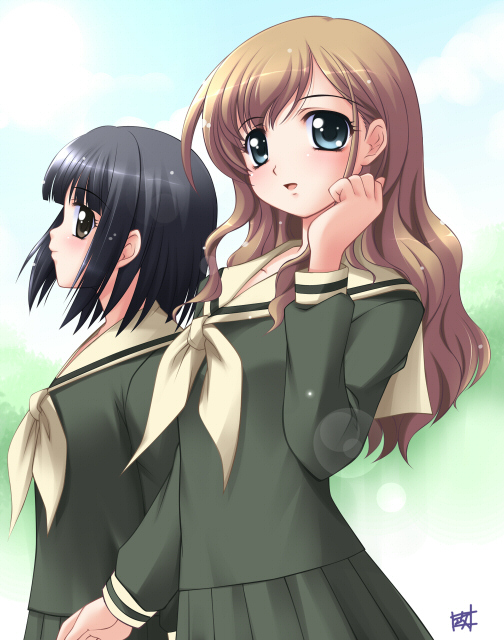 kougasha, nijou noriko, toudou shimako, maria-sama ga miteru, 00s, 2girls, :o, black eyes, black hair, blue eyes, blunt bangs, blush, brown hair, green shirt, green skirt, grey eyes, long hair, long sleeves, multiple girls, neckerchief, open mouth, pleated skirt, profile, sailor collar, school uniform, serafuku, shirt, short hair, skirt, wavy hair, white neckerchief