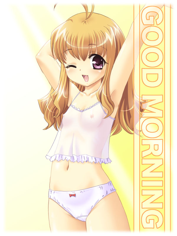 tenshou akira, original, ahoge, armpits, arms up, brown hair, camisole, flat chest, long hair, navel, nipples, one eye closed, panties, purple eyes, see-through clothes, solo, underwear, white panties, white theme, wink