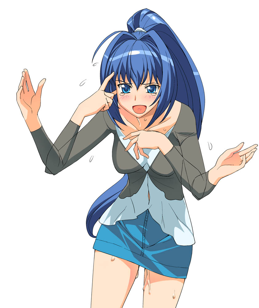 a1 (initial-g), hayase mitsuki, kimi ga nozomu eien, 00s, 1girl, blue eyes, blue hair, blush, casual, female focus, matching hair/eyes, miniskirt, motion blur, open mouth, pencil skirt, ponytail, pussy juice, simple background, skirt, solo, sweat, tears