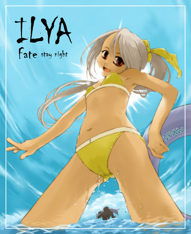 kyoutarou, suzuki kyoutarou, illyasviel von einzbern, fate/stay night, fate (series), 00s, 1girl, bikini, female focus, innertube, red eyes, solo, swim ring, swimsuit, water, white hair, yellow bikini
