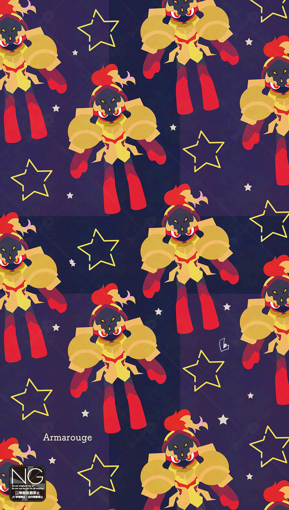 meme (artist), armarouge, nintendo, pokemon, highres, armor, english text, fiery hair, fire, flaming eyes, full body, helmet, multiple others, pokemon (creature), pokemon focus, red eyes, star (symbol), yellow armor, yellow pupils