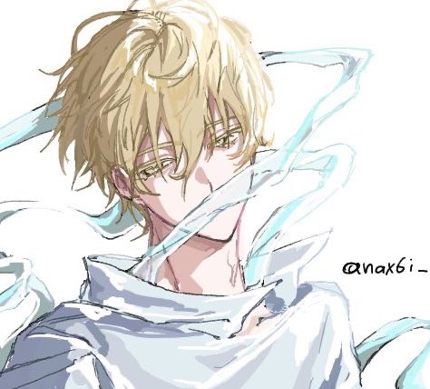 luka (alien stage), alien stage, lowres, 1boy, artist name, blonde hair, covered mouth, male focus, nax6i, shirt, short hair, solo, white shirt, yellow eyes