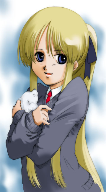 kyoutarou, suzuki kyoutarou, original, 1girl, animal, baby animal, blonde hair, blue eyes, dog, female focus, long hair, ponytail, puppy, school uniform, serafuku, solo