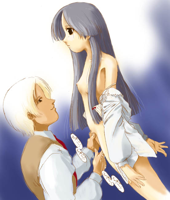 kyoutarou, suzuki kyoutarou, original, 1boy, 1girl, clothed male nude female, fingering, flat chest, hetero, long hair, nipples, nude, open clothes, open shirt, pussy juice, shirt
