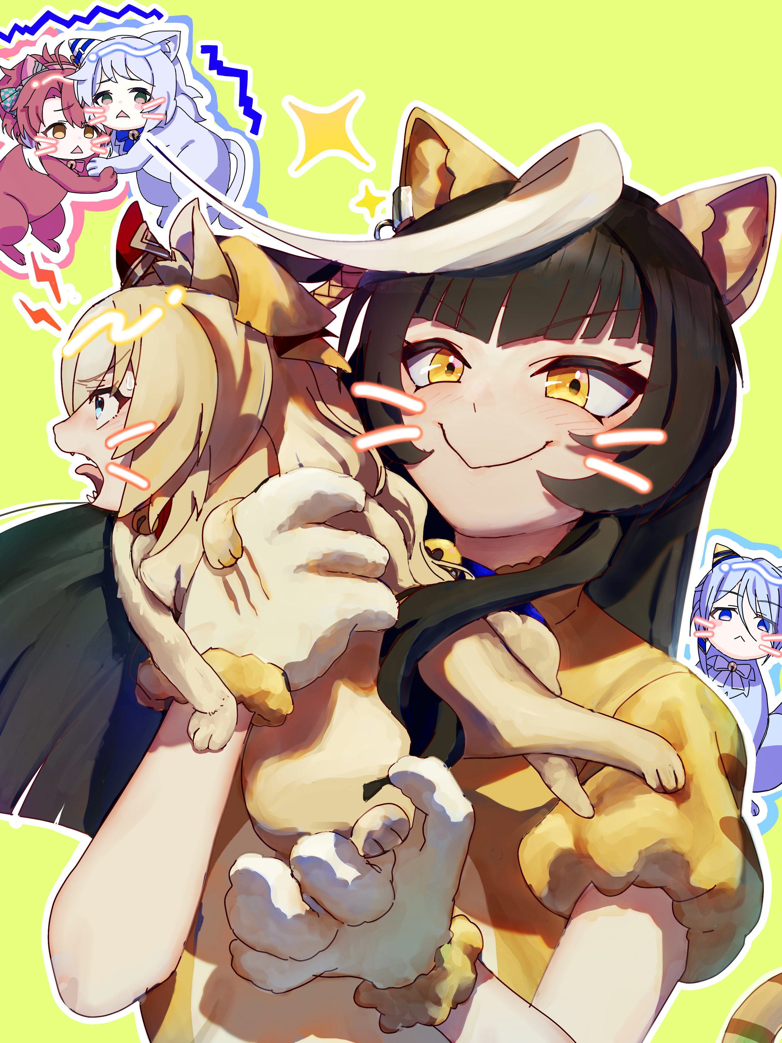 no uwazumi, calstone light o (umamusume), dantsu flame (umamusume), durandal (umamusume), hishi miracle (umamusume), k.s.miracle (umamusume), umamusume, absurdres, commentary request, highres, 5girls, :<, ahoge, animal, animal hands, animalization, bell, black hair, blonde hair, blue hair, blush, bow, bowtie, cat tail, ear covers, earrings, facial mark, facing viewer, gloves, hair ribbon, holding, holding animal, horse girl, hug, huge ahoge, jewelry, looking at another, looking at viewer, multiple girls, neck bell, official alternate costume, outline, paw gloves, purple hair, red hair, ribbon, scared, scratches, sharp teeth, shouting, simple background, smile, sparkle, sweatdrop, tail, tassel, tassel earrings, teeth, tongue, tongue out, trembling, triangle mouth, upper body, whisker markings, yellow eyes, yellow fur