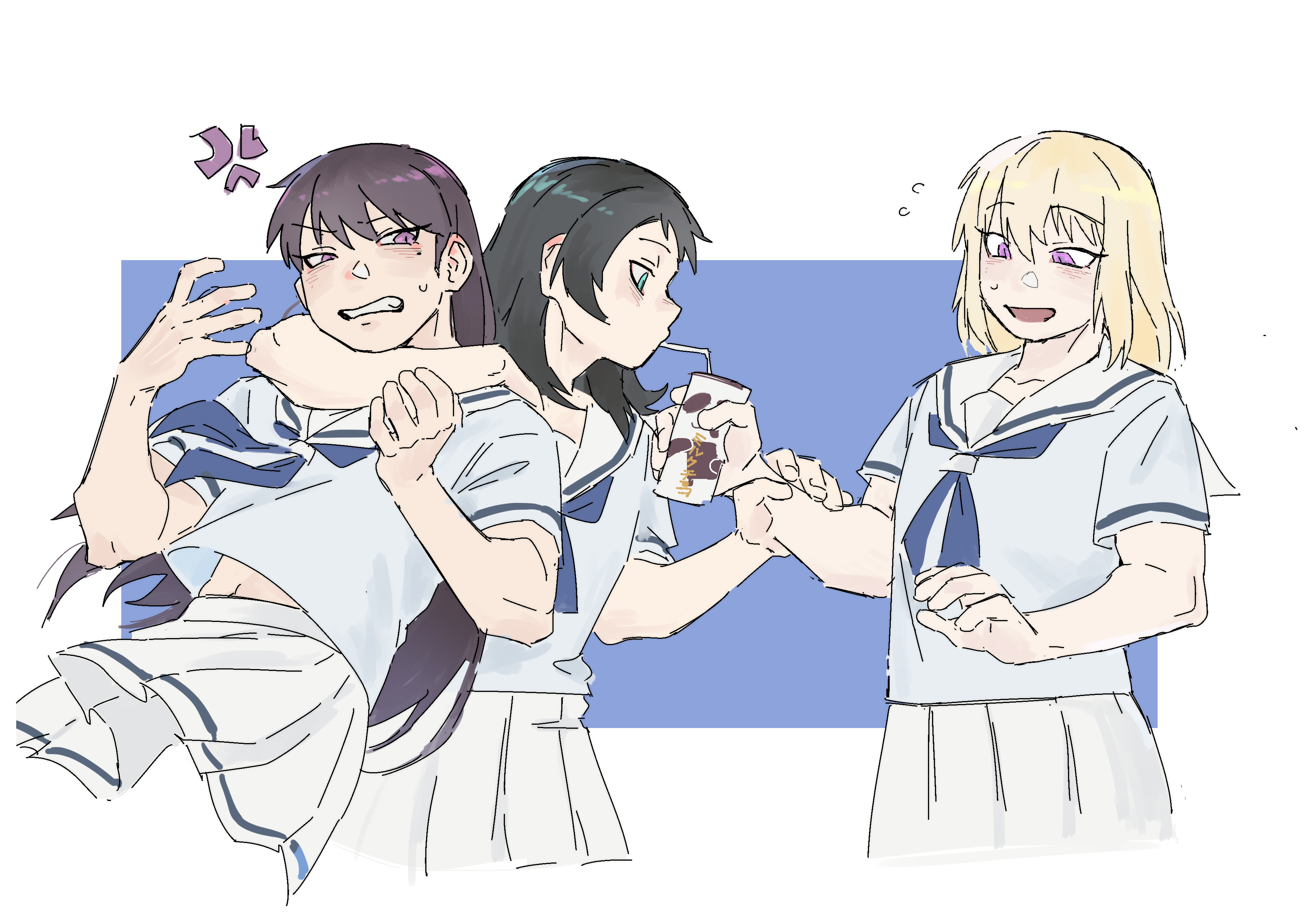 seal in somalia, misumi uika, shiina taki, yahata umiri, bang dream!, bang dream! it's mygo!!!!!, absurdres, highres, 3girls, anger vein, arm around neck, arm up, black hair, blonde hair, blue neckerchief, clenched hand, drink, drinking, green pupils, hanasakigawa school uniform, holding, holding another's wrist, holding drink, long hair, looking at another, looking down, looking to the side, mole, mole under eye, multiple girls, neckerchief, open mouth, pleated skirt, pulling, purple pupils, sailor, sailor collar, school uniform, skirt, smile, sweatdrop, white sailor collar