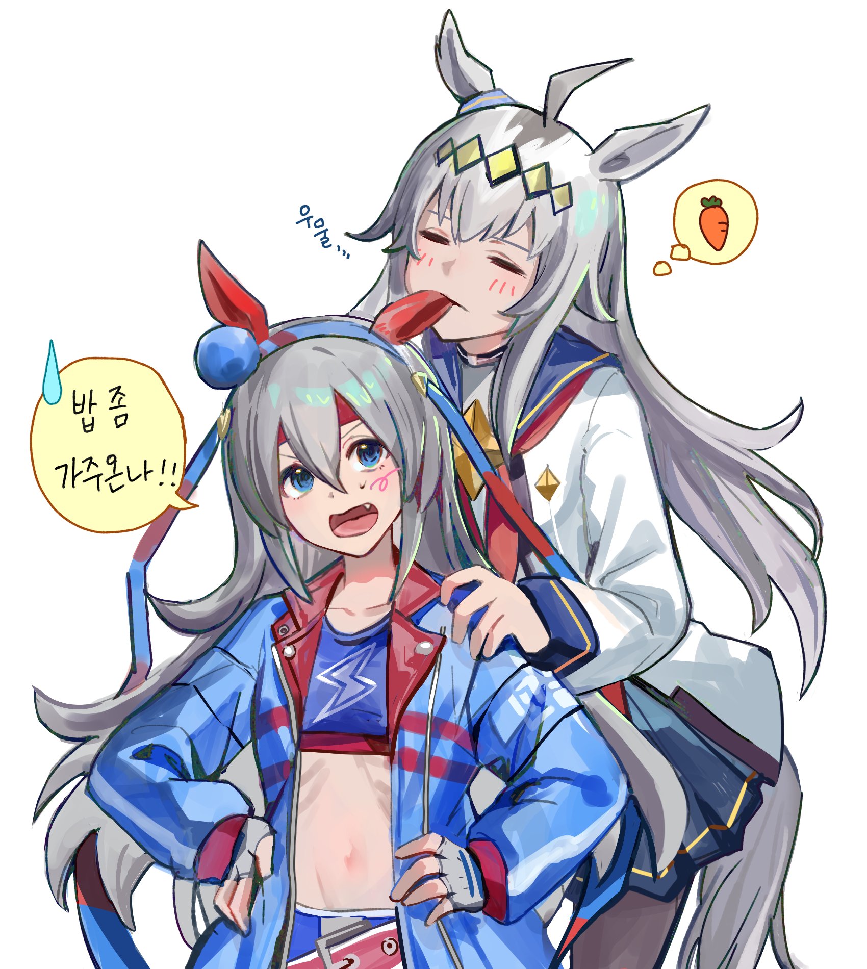 8 utauyo, oguri cap (umamusume), tamamo cross (umamusume), umamusume, biting ear, highres, 2girls, ahoge, animal ears, belt, biting, blue eyes, blue hairband, blue jacket, blush, carrot, closed eyes, crop top, ear covers, ear ornament, earmuffs, fang, fingerless gloves, gloves, grey hair, grey tail, hairband, headband, height difference, horse ears, horse girl, horse tail, imagining, jacket, long sleeves, midriff, multiple girls, navel, open clothes, open jacket, red headband, ribs, striped clothes, striped hairband, tail, white jacket, yuri