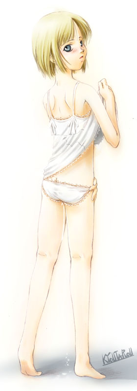 kyoutarou, suzuki kyoutarou, original, 1girl, bare shoulders, barefoot, blonde hair, bob cut, camisole, clothes lift, female focus, panties, shirt lift, solo, underwear